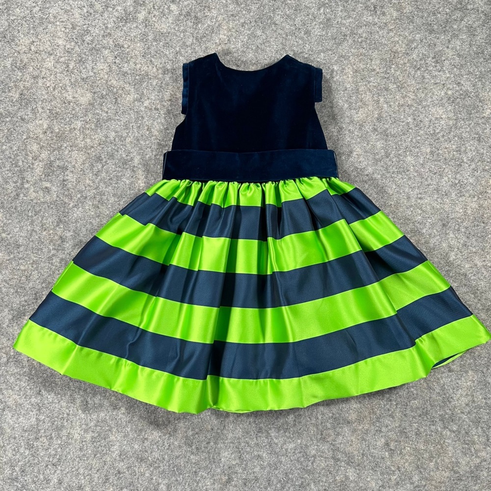 Jacadi Dress Toddler Girls 3 Blue Green Velvet Striped Bow Cap Sleeve Holiday